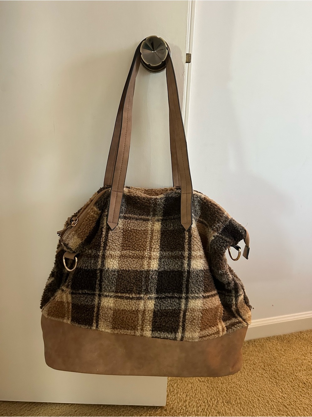 Plaid Sherpa Tote Bag with Brown Faux-Leather Trim